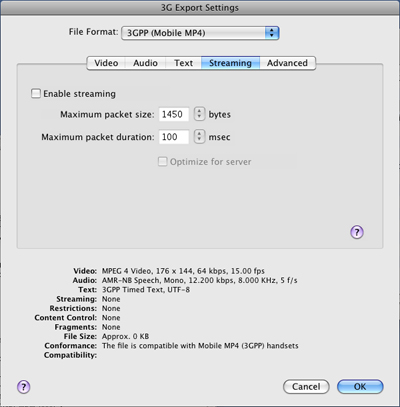 PcP Encodings - 3GPP (Mobile MP4) - Streaming Settings